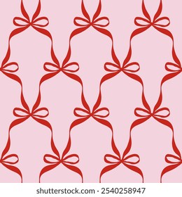 Seamless pattern with red bow knots. Mesh of satin ribbons. Elegance print design. Editable vector illustration for wrapping paper, packaging, fabric, wallpaper, phone case etc. 