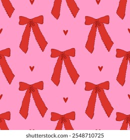 Seamless pattern with red bow knots and small heart. Trendy hair braiding accessory on pink background. Editable vector illustration for wrapping paper, packaging, fabric, wallpaper, phone case etc. 