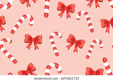 Seamless pattern of red bows and candy canes on a pink background, perfect for christmas and holiday designs vector illustration