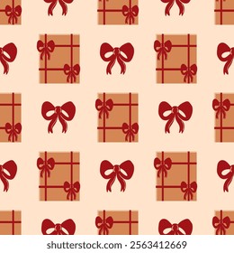 seamless pattern with red bows and gift boxes for valentines day, flat vector illustration, perfect for your holiday background, textile, greeting card, wrapping