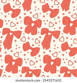 Seamless pattern of red bows with hearts and stars on light background, creating a cute and playful design suitable for festive or girly themes. St Valentines day illustration