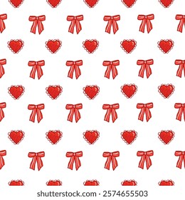 Seamless pattern with red bows and hearts. Vector illustration.