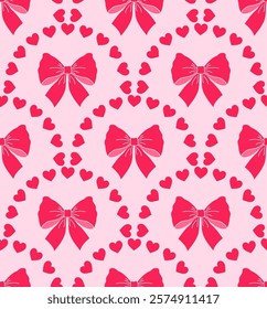 Seamless pattern with red bows and hearts on pink background