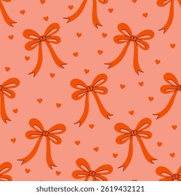 Seamless pattern with red bows and hearts. Vector graphics.