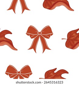 Seamless pattern with red bows and maple leaves on a white background for Canada Day, for various summer designs