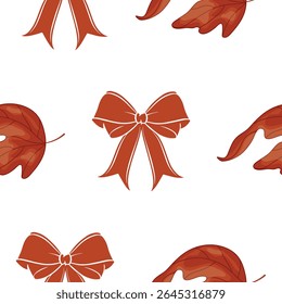 Seamless pattern with red bows and maple leaves which are a symbol of Canada on a white background for Canada Day, for various summer designs