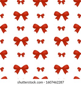 Seamless pattern of red bows on a white background. Vector design for gifts, holiday event, birthday, Christmas.