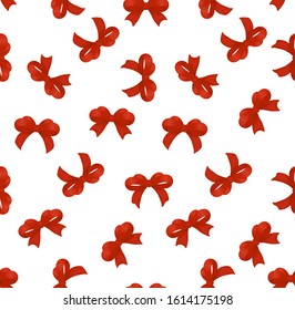 Seamless pattern of red bows on a white background. Vector design for gifts, holiday event, birthday, Christmas.