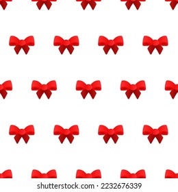 Seamless pattern of red bows on a white background. Minimalistic pattern. Volumetric bow. Gift bow. Girl hairpin bow. Ribbon knot for the first of September. Vector illustration
