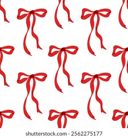 Seamless pattern of red bows on a white background.	
