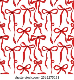 Seamless pattern of red bows on a white background.	