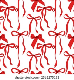 Seamless pattern of red bows on a white background.	