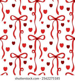 Seamless pattern of red bows on a white background.	