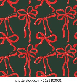 Seamless Pattern of Red Bows on a Dark Green Background. Seamless pattern depicting vibrant red decorative bows over a stylish dark green surface, ideal for festive themes such as Christmas, holiday 