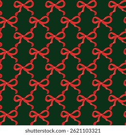 Seamless Pattern of Red Bows Over a Green Festive Background. Pattern design featuring vibrant red bows arranged seamlessly on a deep green background. Perfect for holiday themes, gift-related designs