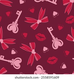 Seamless pattern with red bows, pink heart-shaped keys, red lips and hearts on a plum background. Valentine's day vector pattern.