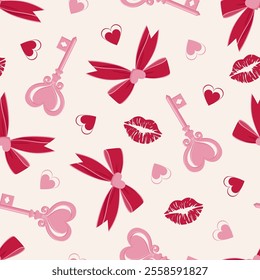 Seamless pattern with red bows, pink heart-shaped keys, red lips and hearts on a light background. Valentine's day vector pattern.