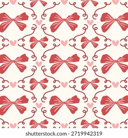 Patrón sin fisuras con lazos rojos, cintas y corazones sobre un fondo claro. Diseño para el día de San Valentín, tarjetas de boda, tarjetas de cumpleaños o envoltura de regalo de vacaciones. Vector.