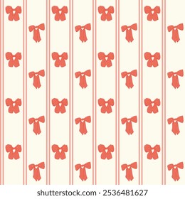 Seamless pattern with red bows and vertical stripes on light background, creating a classic and elegant design perfect for wrapping or decorative use. Vector girlhood pattern illustration