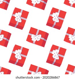 Seamless pattern with red boxes of gifts for Happy New Year. Festive print for Christmas and winter holidays, textiles, wrapping paper and designer decorations