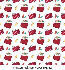 Seamless pattern with red boxes of gifts and the inscription Happy New Year, Santa bags with sweets. Holiday print for Christmas and winter holidays, textiles, wrapping paper and decorations.