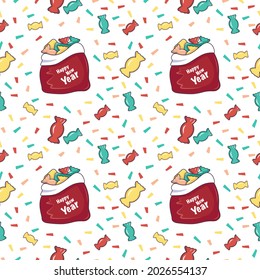 Seamless pattern with red boxes of gifts and the inscription Happy New Year, Santa bags with sweets. Holiday print for Christmas and winter holidays, textiles, wrapping paper and decorations.