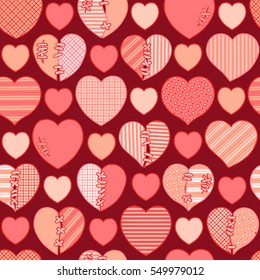 Seamless pattern of red broken hearts for gift wrapping, congratulations, wedding invitations and Valentine's Day