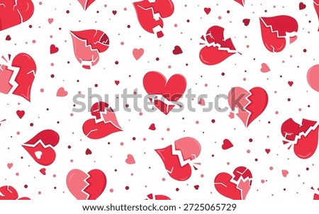 seamless pattern with red broken hearts on white. Flat cartoon style illustration with cracked hearts for Valentine's Day themes. For textile, divorce content, heartbreak blogs, holiday wrapping paper
