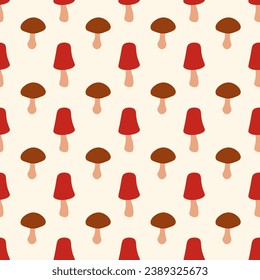Seamless pattern with red and brown mushrooms. Vector flat background.