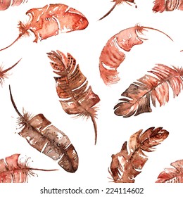 Seamless pattern with red brown watercolor feathers