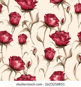 Seamless pattern with red and brown watercolor roses. Pattern realistic rose flowers. Vector pattern floral summer flowers peonies. For paper, fabric, packaging, interior design