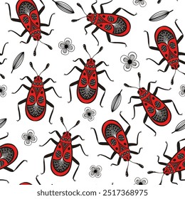 Seamless pattern with red bugs, flowers and leaves. Hand drawn vector seamless pattern