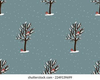 Seamless pattern with red bullfinches on winter trees. Vector illustration.