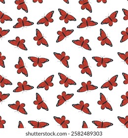 Seamless pattern of red butterflies in a flat style, arranged in a scattered layout. Perfect for textiles, wallpapers, packaging, and decorative backgrounds.