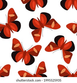 Seamless pattern with red butterflies. Vector illustration in a flat style.
