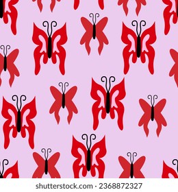 Seamless pattern with red butterflies. Vector flat background in y2k style