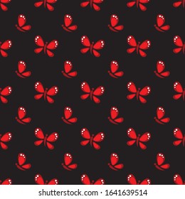 Seamless pattern with red butterfliesn on black background. Summer vector illustration. Flat design, Design element for wallpaper, fabric, wrapper paper, banner.