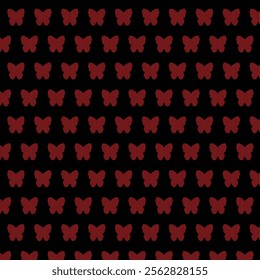 Seamless pattern of red butterfly silhouettes with intricate striped details on a black background. Perfect for textile designs, wallpapers, or digital backgrounds with an elegant and modern aesthetic