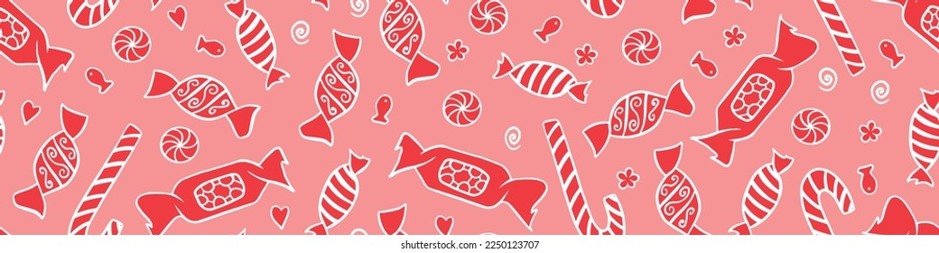 Seamless pattern with red candies on pink background. Hand drawn sweets in wrappers. Vector illustration.