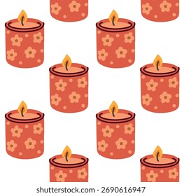 Seamless pattern with red candles decorated with flowers. Cozy festive background for interior and holiday design.