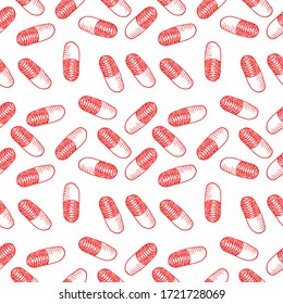 Seamless pattern with red capsules on white background. Hand drawn vector sketch in realistic style. Concept of doctor prescription, treatment, disease cure, pharmacy, drugstore, packaging