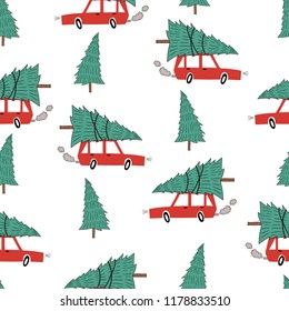 Seamless pattern with red car and Christmas tree. Wrapping paper design.