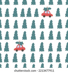 Seamless pattern with red car and Christmas trees.Pattern with Christmas and winter concept.
