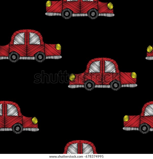 Seamless pattern with red car embroidery\
stitches imitation. Embroidery background for child with car.\
Embroidery red car seamless\
pattern.