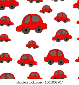 Seamless pattern of a red car on a white background. For children's textiles, packaging, boxes, cardboard, packaging paper. 
Cartoon style. Vector
