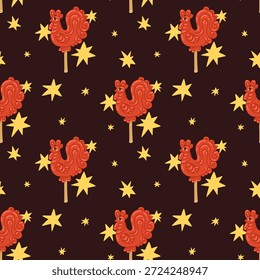 Patrón sin fisuras con caramelo rojo Cockerel en un palo, piruleta. Símbolo de vacaciones de invierno, Navidades y año nuevo. Azúcar de caramelo en forma de un gallo lindo. Patrón de Vector con dulzura tradicional rusa sobre un fondo oscuro.