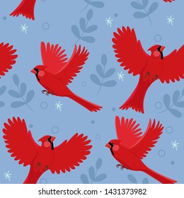 Seamless pattern with red cardinal bird and little leaves. Vector illustration.