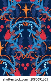 Patrón sin foco con pájaro cardenal rojo, estrella, bayas rojas, cinta, conos de pino. Fondo azul oscuro. Patrón vectorial sin cable. Se puede usar para el diseño de tela, papel pintado, papel envolvente. 