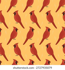 Patrón sin fisuras Cardinal rojo pájaro animal sobre fondo amarillo Vector Fondo de pantalla textil giftwrap tela