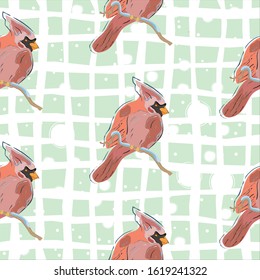 Seamless Pattern with red cardinal birds on white background. Vector illustration